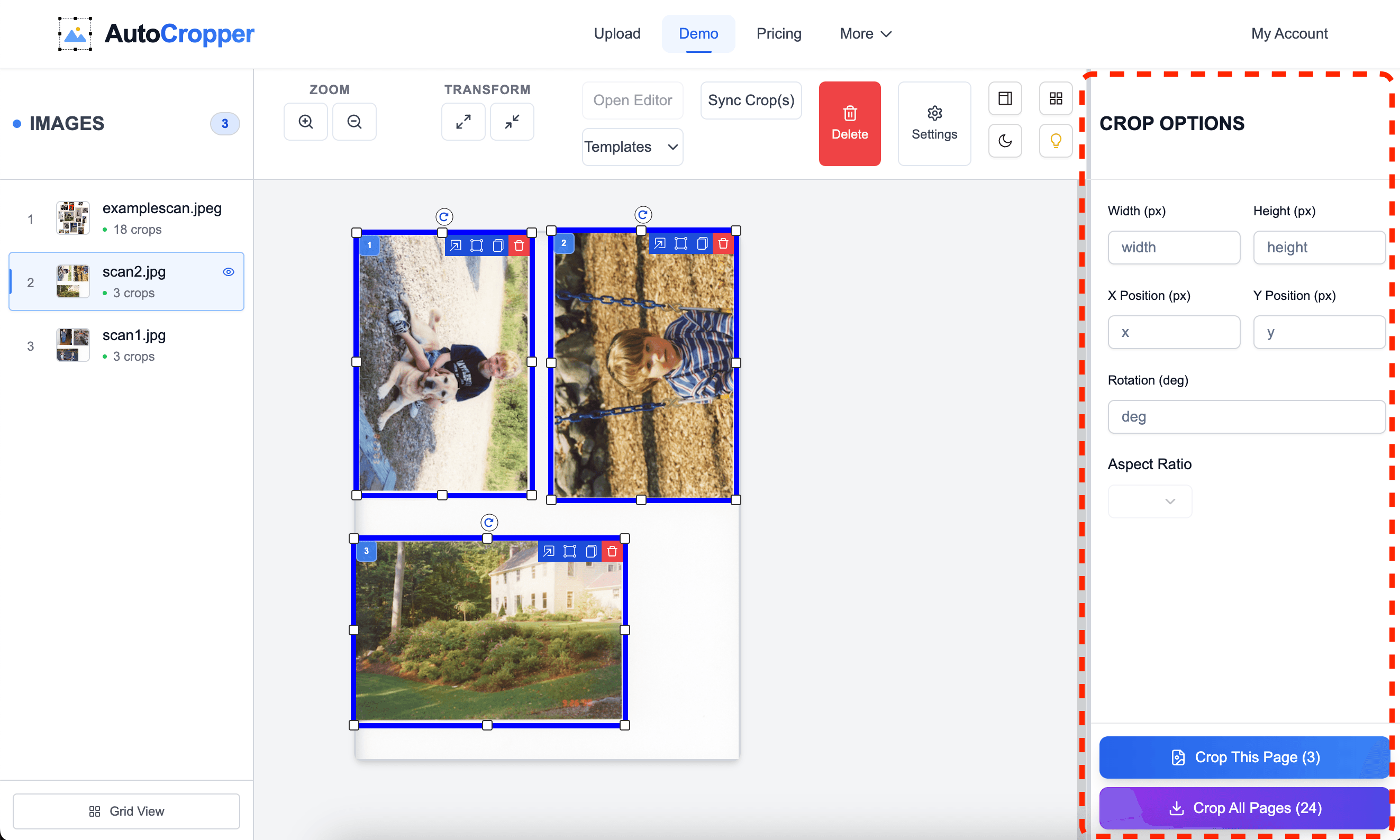 Screenshot of the AutoCropper user interface with the Adjust Crop Sidebar outlined by a red rectangle, showing input fields for crop adjustments.