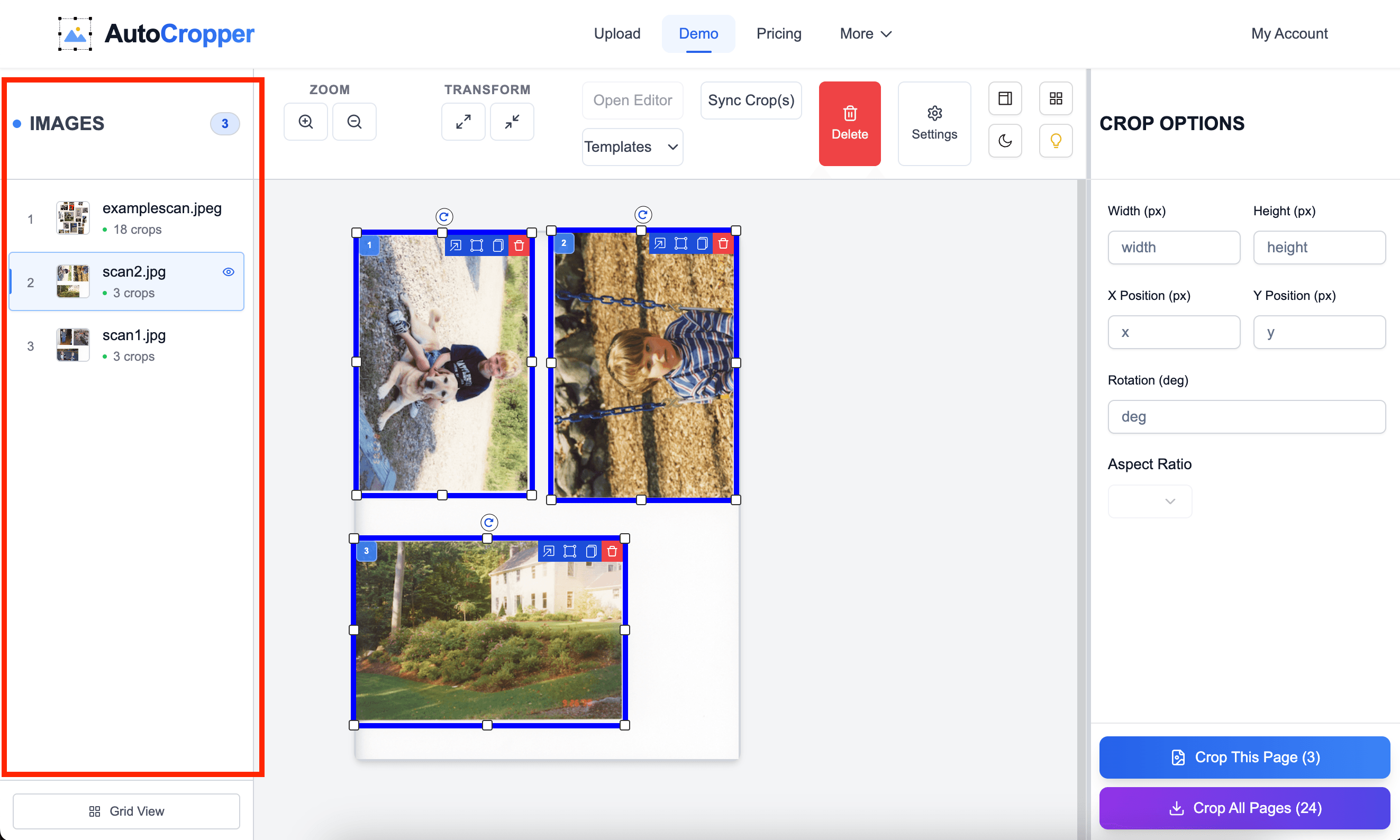 Screenshot of the AutoCropper user interface with the Uploaded File List section in the left sidebar outlined by a red rectangle.