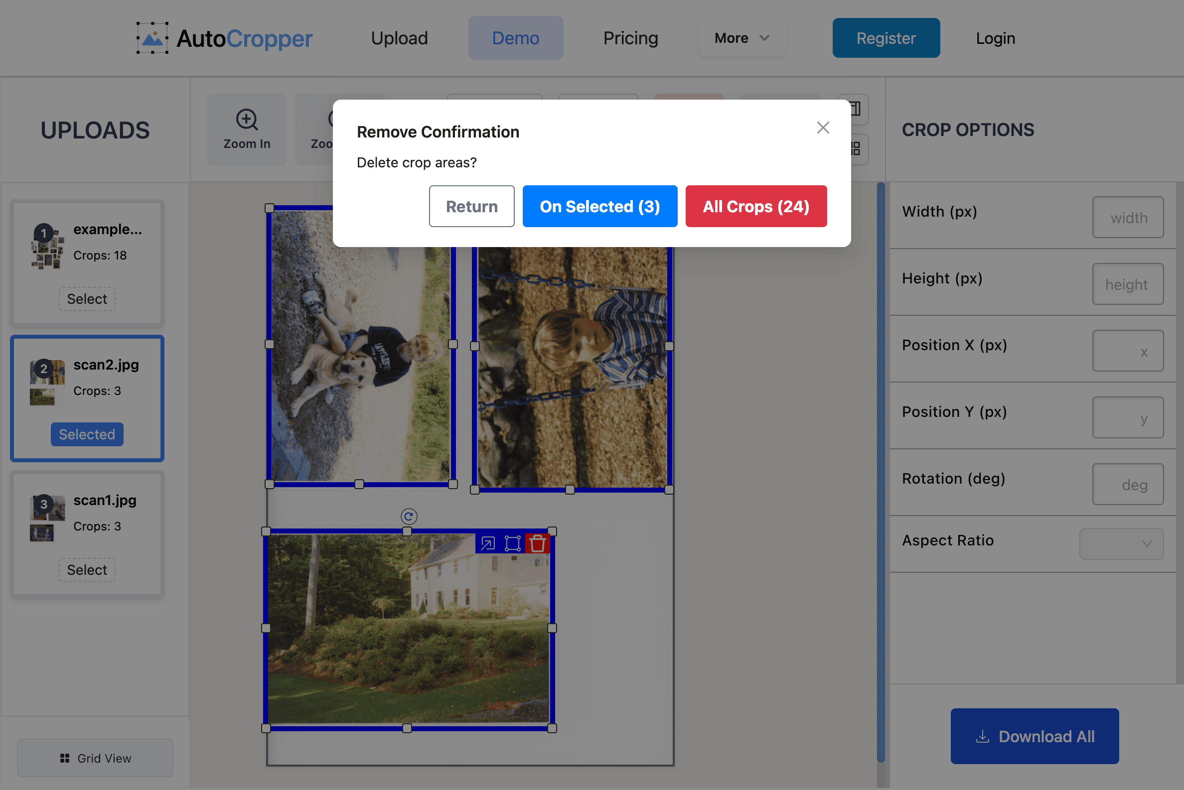 User prompted to batch delete auto detected scan areas in AutoCropper scan splitting tool