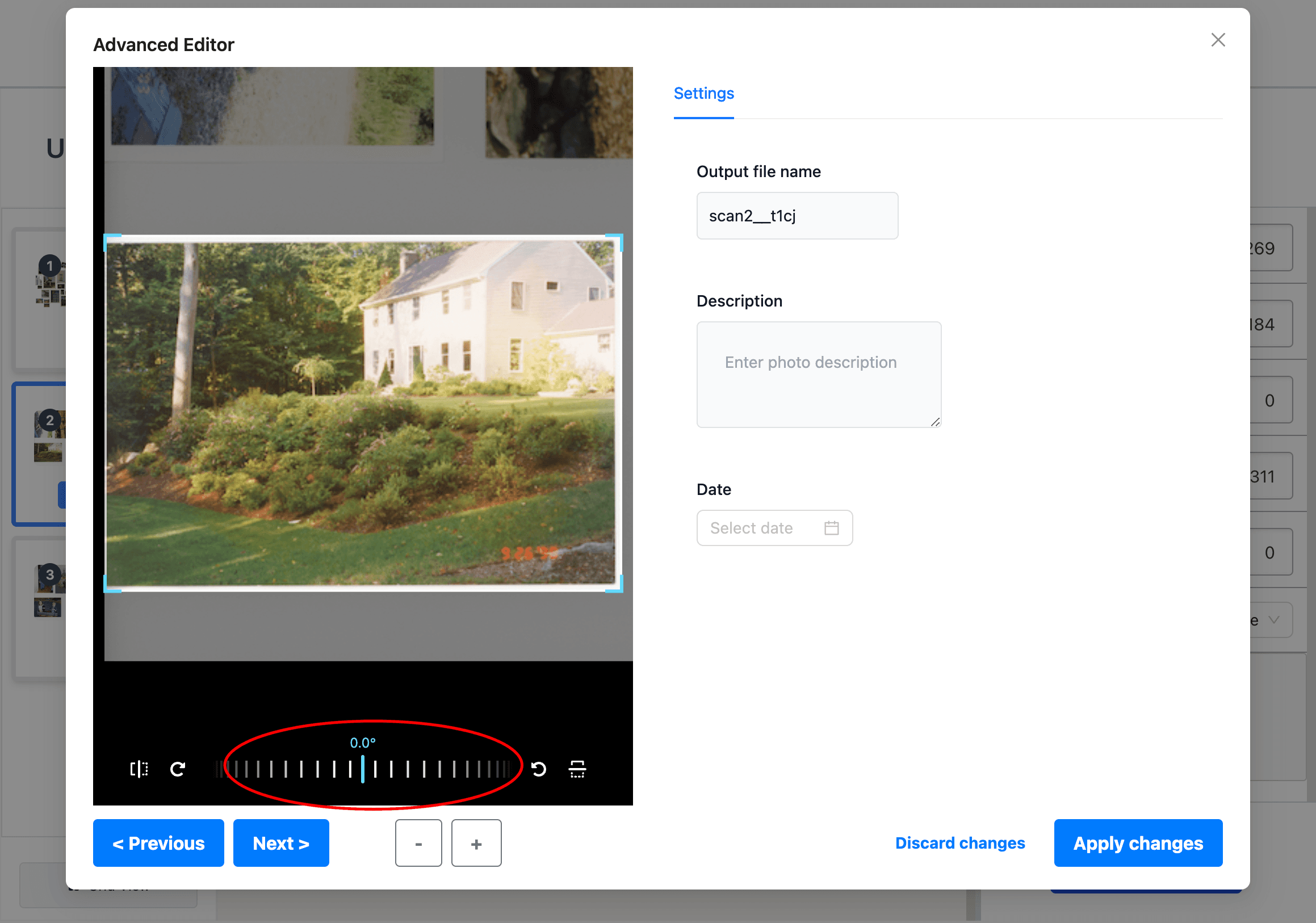 Use the rotation slider to adjust rotated scans
