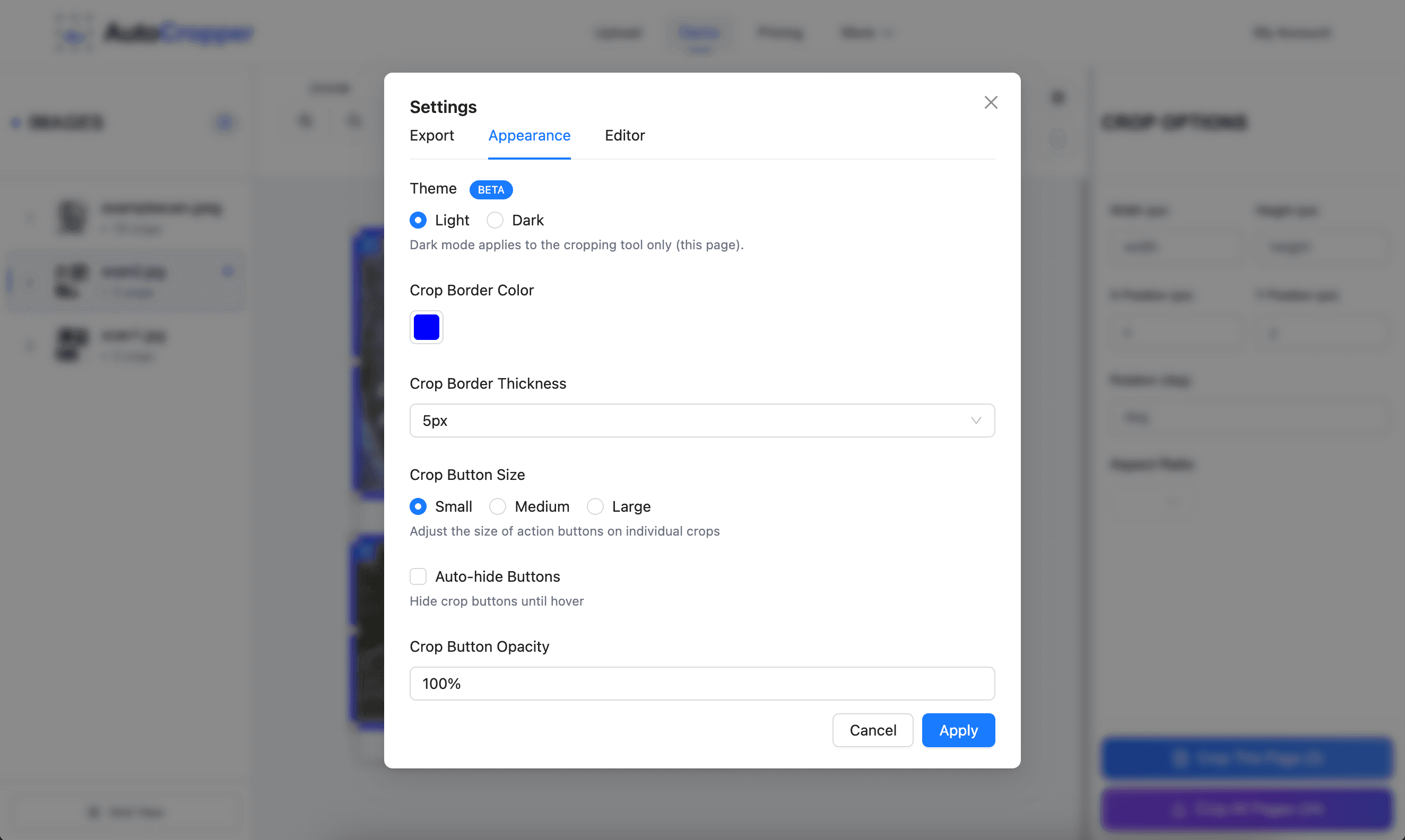 Customize the border width and color of the crop rectangles, button size, button presence on hover, and button opacity.