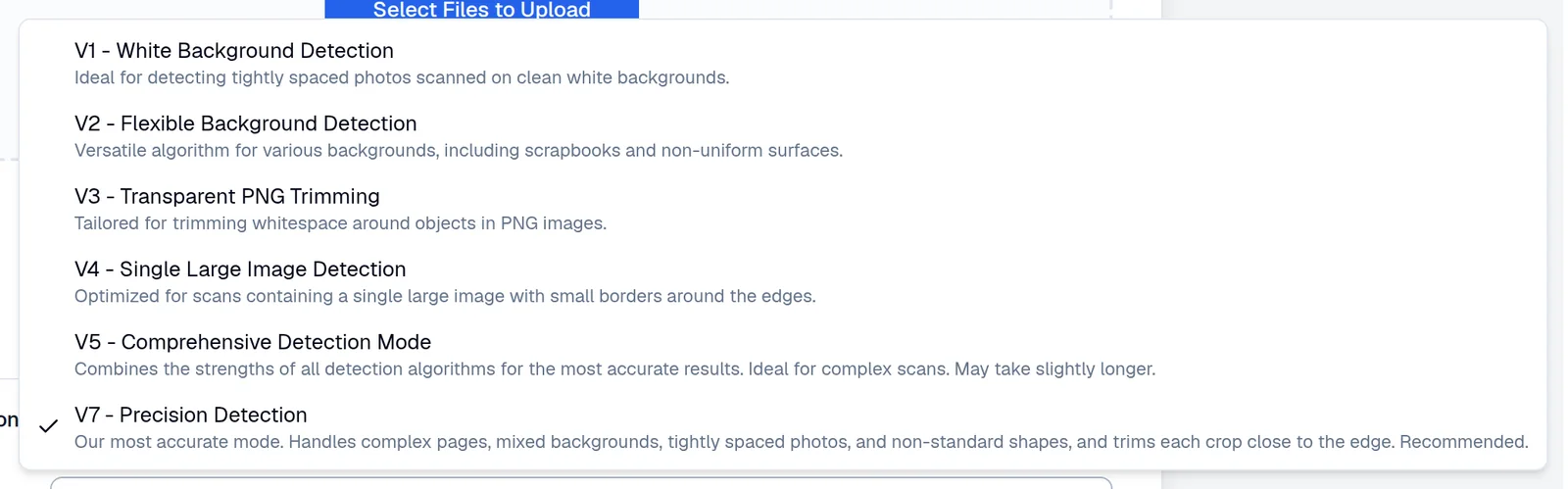 The Detection Method drop-down open, listing V1 White Background Detection, V2 Flexible Background Detection, V3 Transparent PNG Trimming, V4 Single Large Image Detection, V5 Comprehensive Detection Mode and V7 Precision Detection, each with a one-line description, and V7 checked