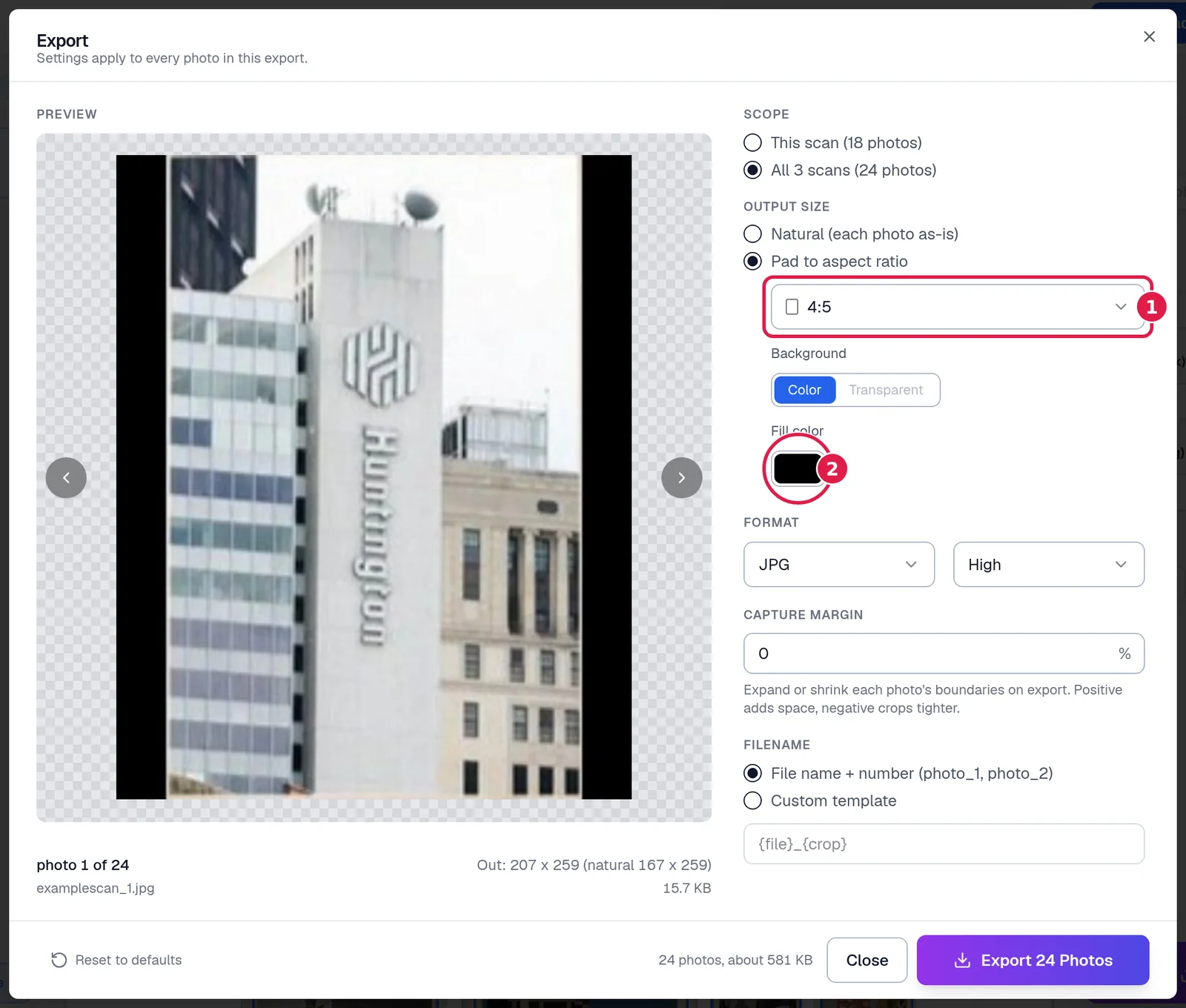 The Export dialog with Pad to aspect ratio chosen at 4:5: the preview shows the photo centred on a black canvas with bars at the sides, and under the aspect ratio drop-down a Background choice of Color or Transparent and a black Fill color swatch
