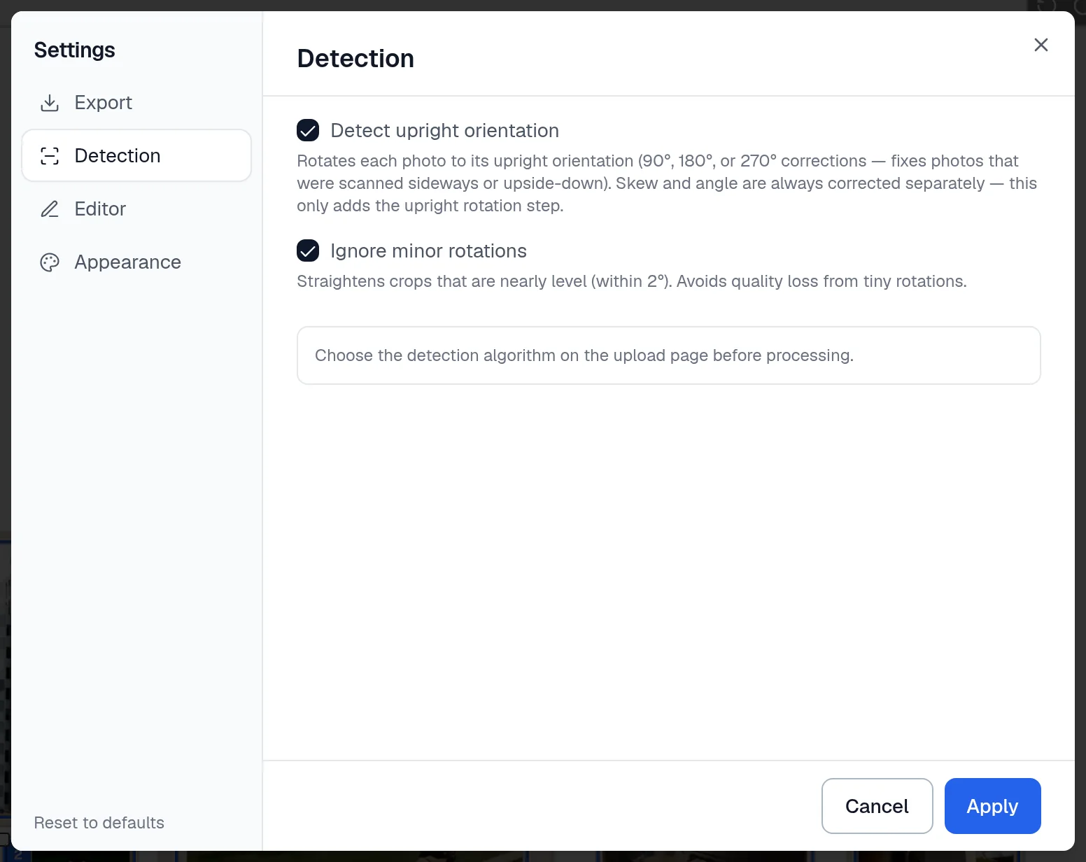 The Detection tab of the Settings dialog: a checked Detect upright orientation option with its description, a checked Ignore minor rotations option that straightens crops within 2 degrees of level, and a note that the detection algorithm is chosen on the upload page