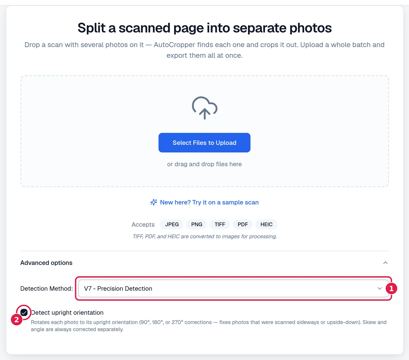 The upload card on the crop page: the dropzone with a Select Files to Upload button and the accepted formats, and below it the Advanced options section open, showing a Detection Method drop-down set to V7 Precision Detection and a checked Detect upright orientation box